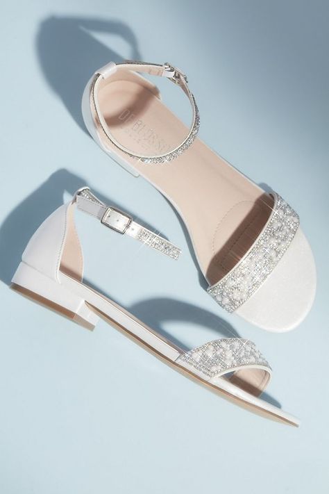 Bridal Shoes Flats Sandals, Flat Prom Shoes, Bridal Flat Sandals, Davids Bridal Shoes, Bride Sandals, Sandals Design, Black Lace Heels, Bling Heels, Gold Strappy Heels