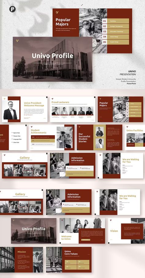 Modern University Profile PowerPoint Presentation Template. 15 unique slides. College Powerpoint Presentation, Portfolio Design Ideas Student, Power Point Aesthetic, College Presentation, Modern University, Profile Layout, Catalog Design Layout, Ppt Template Design, Powerpoint Slide Designs