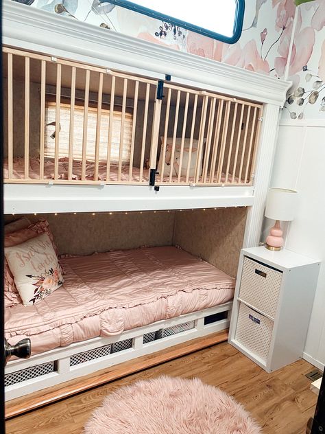 Rv Bunk Room Makeover, Camper Crib Bunk, Small Camper Bunk Bed Ideas, Rv Mid Bunk Remodel, Rv Baby Crib Bunk Bed, Camper Renovation Bunk Beds, Rv Bunk Room Renovation, Rv Midbunk Renovation, Rv Bunk Bed Crib