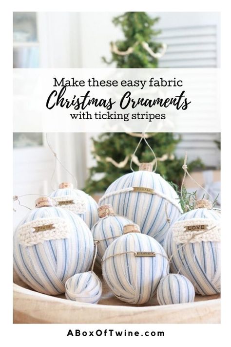 Christmas Ticking Stripe Ornaments - A Box of Twine Styrofoam Ball Crafts, Classy Farmhouse, Farmhouse Crochet, French Country Christmas, Live Christmas Trees, Farmhouse Style Christmas, Ticking Fabric, Christmas Crafting, Styrofoam Ball