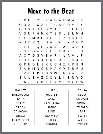 Free Printable Move to the Beat Word Search Large Print Word Search Printable, Large Print Word Searches For Seniors, Large Print Word Search, Free Printable Word Searches, Feel The Rhythm, Nursing Home Activities, Elementary School Library, Word Search Printables, Senior Activities