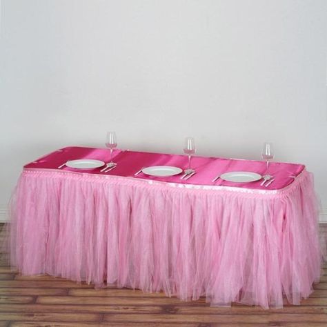 17 FT Pink Two Layered Pleated Tulle Tutu Table Skirt With Satin Edge Pink Table Cloth, Tutu Table Skirt, Tutu En Tulle, Tutu Table, Tulle Table Skirt, Tulle Table, Pink Tablecloth, Table Skirts, Pink Wedding Decorations