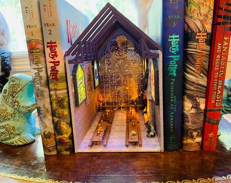 The Book Nook Lady by TheBookNookLady on Etsy Books Nooks, Bookshelf Inserts, Harry Potter Book Nook, Harry Potter Diagon Alley, Three Broomsticks, Hp Book, Purple Books, Harry Potter Book, Bookshelf Art