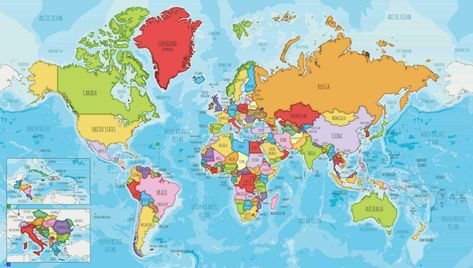 Highly detailed World Map vector illustration with different colors for each country. Editable and clearly labeled layers. World Map Picture, 3d Canvas Art, Detailed World Map, Map Murals, Pushpin Travel Map, Maps For Kids, World Map Poster, Wall Map, Travel Map