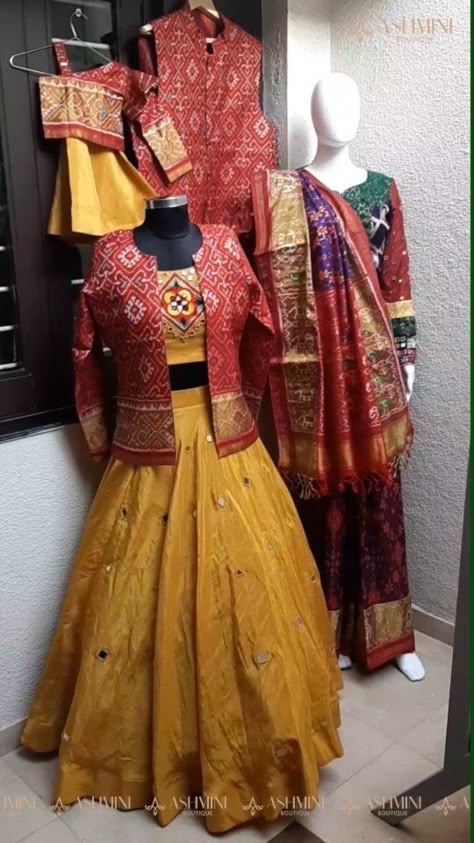 Patola Suit Designs, Dresses From Saree, Outfit From Saree, Indo Western Dress For Girls, Dress From Saree, Indian Style Dress, Floral Blouse Designs, Navratri Outfits, Western Dresses For Girl