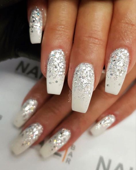 White Sparkly Nails, White Sparkle Nails, Silver Sparkle Nails, Wedding Nails Inspiration, Sliver Nails, Bridal Nails Wedding, Bridesmaids Nails, Nails For Bride, Silver Glitter Nails