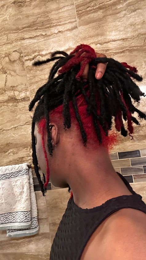 Red Dyed Locs Black Women, Peek A Boo Color Locs, Peak A Boo Dreads, Peekaboo Hair Color Dreads, Peekaboo Locs Red, Loc Peekaboo Color, Peekaboo Loc Color, Root Dyed Locs, Peekaboo Hair Color On Locs