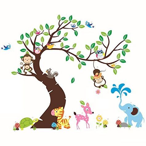 Discountfan Large Colorful Tree & Jungle Animals Wall Sticker Nursery Bedroom Wall Art Decor Cute Giraffe Monkey Owl Tree Art Wall Stickers Kids Room Removable Decal Baby Bedroom Wall Art by kiwigo Decorating Nursery, Diy Mural Art, Classroom Diy, Diy Mural, Kids Room Wall Stickers, Diy Wall Decals, Birds Pattern, Kids Room Decals, Animal Wall Decals