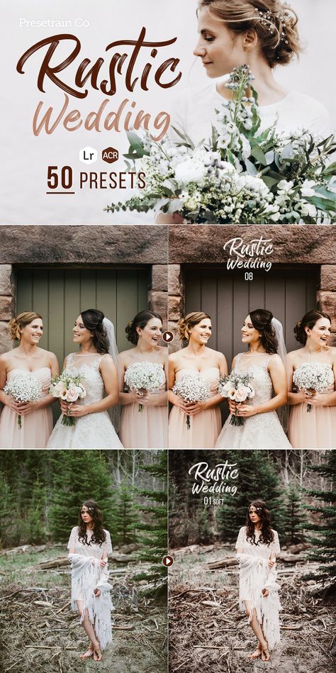 Rustic Wedding Presets for Lightroom & Photoshop. 50 presets for Adobe Lightroom. 50 presets for Adobe Photoshop (.XMP, via Camera Raw module). Photo Editing Styles, Wedding Camera, Photoshop Presets Free, Photoshop Template Design, Wedding Filters, Lightroom Presets Wedding, Vintage Lightroom Presets, Foto Wedding, Lightroom Presets For Portraits