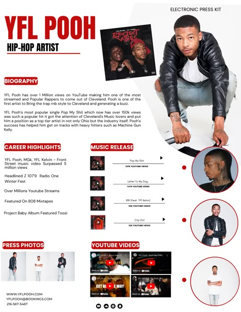 This 1-page electronic press kit template for bands, singers, and musicians is the perfect way to professionally introduce yourself to venues, festivals, press, and promotors ready to land the gig of your dreams! The media kit template for music artists includes an artist's bio, links to your music, photos, a summary of your past performances, and your contact details. You can input all of your own information, including your own photos, in this pre-made electronic press kit template. Electronic Press Kit Musicians, Epk Press Kit Music Design, Epk Press Kit Music Template, Dj Portfolio, Press Kit Design, Canva Backgrounds, Press Kit Template, Electronic Press Kit, Press Kits