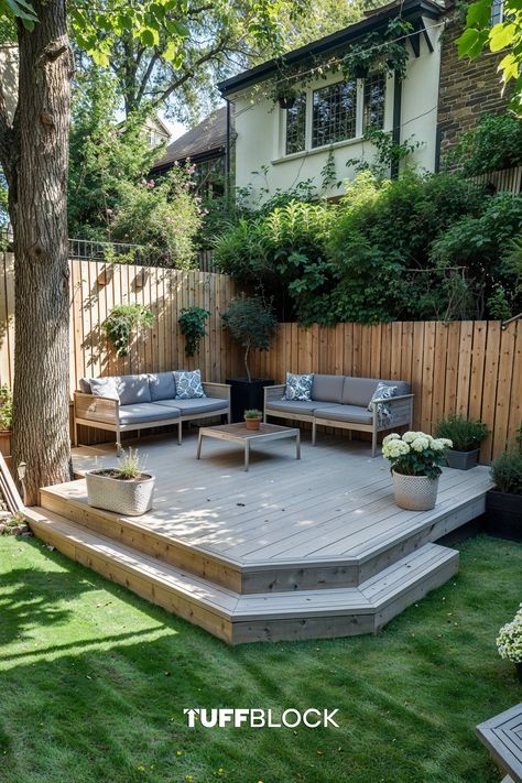 beautiful deck platform in a small yard with two sofas and a coffee table Ground Deck Ideas Backyards, Backyard Floating Deck, Deck On The Ground, Backdoor Steps, Pergola Addition, Fence Border Landscaping, Build A Floating Deck, Backyard Deck Designs, Decking Pergola