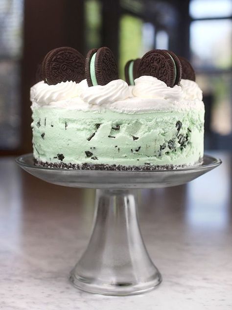 I love the idea of serving ice cream in fun ways. And this one is just that. A fun and easy no-bake mint chip ice cream cake! Yes and yum! And it doesn't hurt that it's stuffed with mint Oreo cookies either. They're in the crust, in the "cake" and on top too. Want to make one? Okay good! First chop up some of the cookies for the crust. Mix the crumbs with melted butter and then press into the bottom of a 7-inch springform pan. But first cover the bottom section of the pan with plastic wrap befor Mint Ice Cream Cake, Chocolate Chip Ice Cream Cake, Mint Chocolate Chip Ice Cream Cake, Thanksgiving Desserts Pie, Easy Halloween Cookies Recipes, Oreo Ice Cream Cake, Halloween Cookie Recipes, Mint Chip Ice Cream, Cream Cake Recipe