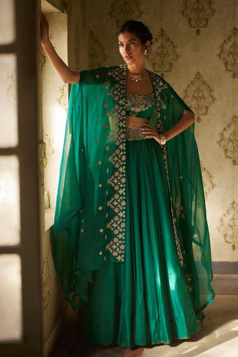 Buy Mrunalini Rao Green Floral Embroidered Cape Lehenga Set Online | Aza Fashions Buttis Embroidery, Mrunalini Rao Lehenga, Cape Organza, Mrunalini Rao, Organza Cape, Cape Lehenga, Green Cape, Embroidered Cape, Floral Lehenga