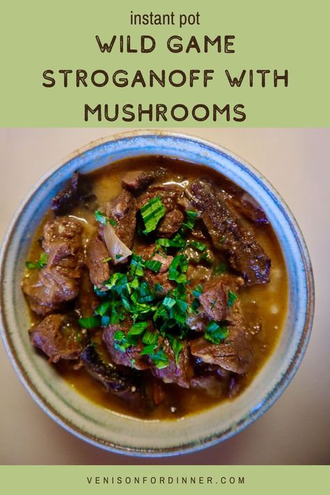 Instant Pot Wild Game Stroganoff with Mushrooms - Venison for Dinner Venison Steak Recipes Instant Pot, Venison Recipes Instant Pot, Instant Pot Venison Recipes, Venison Instant Pot Recipes, Venison Tips Recipe, Venison For Dinner, Carrot Stew, Venison Stroganoff, Hunting Recipes