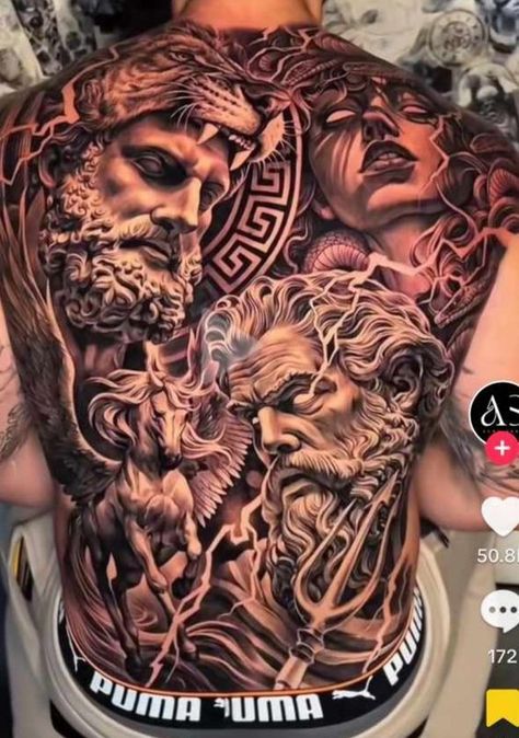 Greek Full Back Tattoo, Greek Gods Back Tattoo, Greek God Back Tattoo, Poseidon Back Tattoo, Greek Mythology Back Tattoo, Greek Back Tattoo, Tattoos For Guys Back, Mens Hip Tattoos, Tattoo Guardian Angel