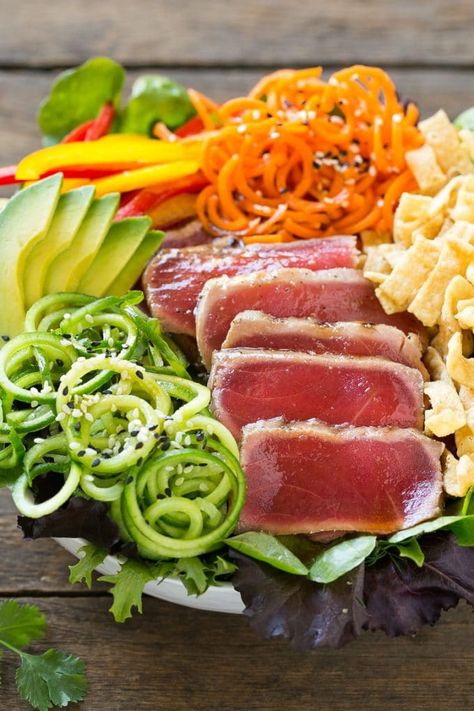 Ahi Tuna Salad with Sesame Ginger Dressing Tuna Salad Dressing, Salad With Sesame Ginger Dressing, Ahi Tuna Recipe, Tuna Bowl, Ahi Tuna Salad, Ahi Tuna Steak, Sesame Ginger Dressing, Cucumber Avocado Salad, Tuna Steak