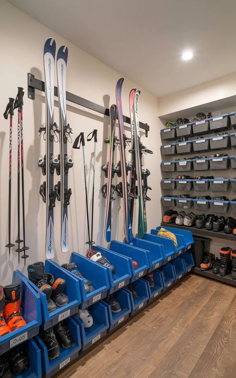 Neatly organized ski gear hanging on a wall-mounted rack, with helmets, poles, and boots stored in labeled bins underneath. Ski Organization, Ski Storage Ideas, Ski Gear Storage, Ski Rack Garage, Ski Equipment Storage, Gear Storage Ideas, Gear Room Organization, Gear Room, Ski Rack