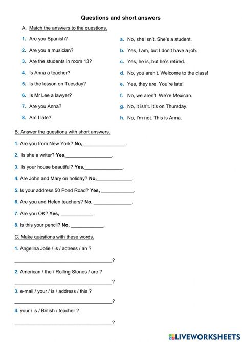 Short Answers Worksheet, Part Of Speech Noun, Computer Diy, Possessive Adjectives, Learning English For Kids, English Grammar Worksheets, 2nd Grade Worksheets, English Worksheets For Kids, Yes Or No Questions