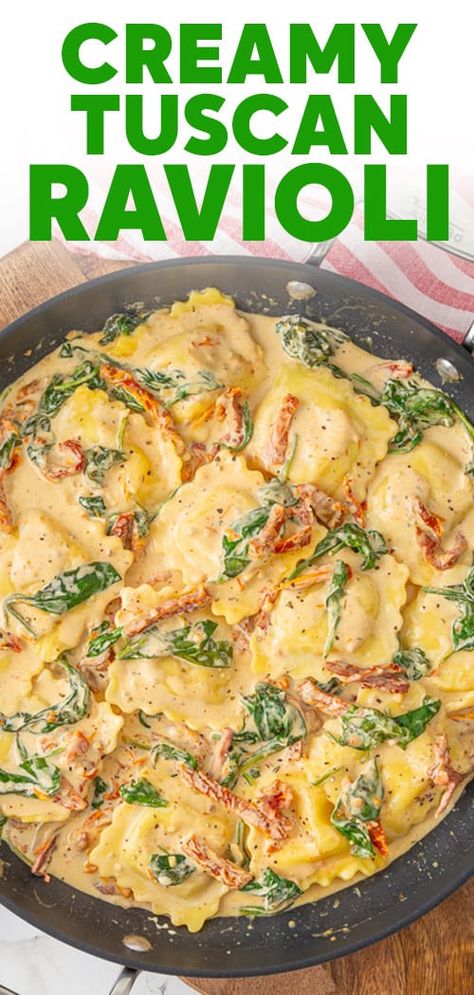 Cheese ravioli in a rich and comforting Tuscan cream sauce is an easy dinner prepared in 15 minutes using simple ingredients. Ravioli With Bechamel Sauce, Italian Sausage Stuffed Ravioli Recipe, Sun Dried Tomato Ravioli Sauce, Spinach Stuffed Ravioli Sauces, Cream Cheese Ravioli Sauce, Ravioli Without Red Sauce, Cheese Ravioli White Sauce, Cheese Ravioli Crockpot Recipes, Cheese Ravioli Alfredo