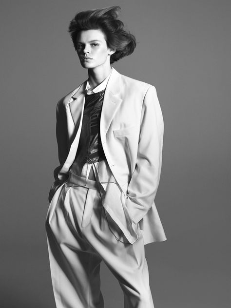 Men's sartorial codes reinterpreted. A character study that explores an alternative take on beauty and the tension between strength and vulnerability.  Photography DAVID SIMS Stylist KARL TEMPLER Kris Grikaite, Karim Sadli, Cara Taylor, Dna Model, Armani Jacket, Interview Magazine, David Sims, Model Test, W Magazine