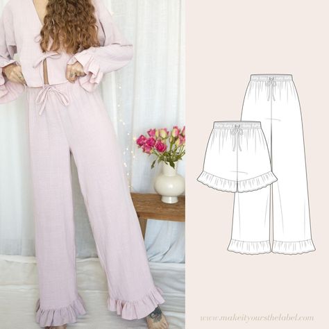 Ruffled Pyjama Pants / Shorts with elastic waist PDF Sewing Pattern 12 sizes Loungewear English - Etsy.de Diy Pants, Plus Size Sewing Patterns, Wide Leg Lounge Pants, Pajama Pattern, Pants With Elastic Waist, Pants Sewing Pattern, Ruffle Pants, Womens Sewing Patterns, Ruffle Shorts