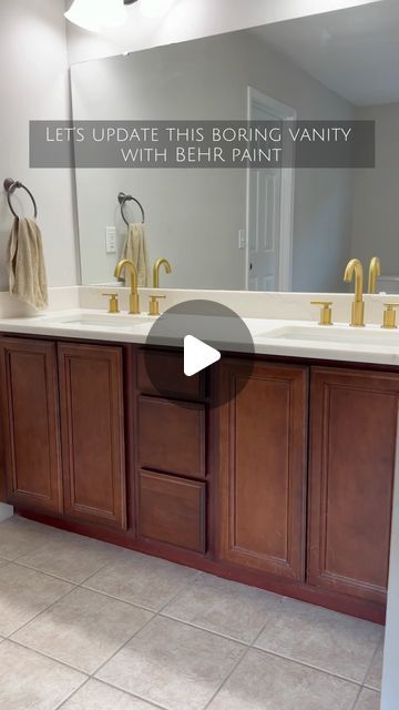 Katie Sharpe | DIY Tutorials | Home Decor | Interior Design on Instagram: "One of the simplest ways to update your home is painting!   I decided my master bathroom needed a mini refresh so I used the @behrpaint 2024 Color of the Year: Cracked Pepper to update my bathroom vanity!  #BEHRAmbassador  Cracked Pepper PPU18-01 is a beautiful, soft black color that elevates any space! It’s a timeless and modern color and I am obsessed!  Stay tuned for part two of this mini bathroom makeover!  #BEHR2024COTY #TodayLetsPaint #BEHR #ad" Bathrooms Paint Ideas, Bathroom Paint Renovation, Bathroom Decor Ideas Brown Cabinets, Grey Tone Bathroom, Bathroom With Painted Cabinets, Bathroom With Brown Cabinets, Bathroom With Dark Countertop, Cracked Pepper Bathroom, Cracked Pepper Behr