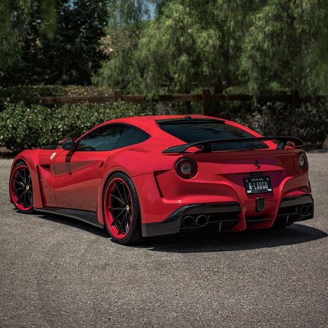 Ferrari F12 Berlinetta painted in Rosso Corsa w/ a full Novitec N-Largo bodykit and rear wing. The car also has a set of S204H HRE Wheels finished in Satin Black with a Red outer ring Photo taken by: @tagmotorsports/@hre_wheels on Instagram Ferrari F12 Novitec N Largo, Ferrari Sf90 Stradale Interior, Ferrari Wide Body Kit, Wide Body Ferrari, Widebody Ferrari, Ferrari Berlinetta, Ferrari F12 Berlinetta, F12 Berlinetta, Ferrari 458 Italia Red