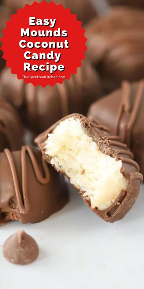 Making this Homemade Mounds Coconut Candy recipe is easier than you might think, and they are just as good as the store bought version. The combination of soft and chewy coconut filling with rich and creamy chocolate is irresistible to any coconut lover. #thecarefreekitchen #candy #mounds #coconut #chocolate #chocolatedipped #dessert #homemadecandy Coconut Candy Recipe, Flower Pretzel Bites, Homemade Mounds, Mounds Candy, Sponge Candy, Microwave Caramels, Homemade Candy Recipes, Homemade Candy Bars, Coconut Filling