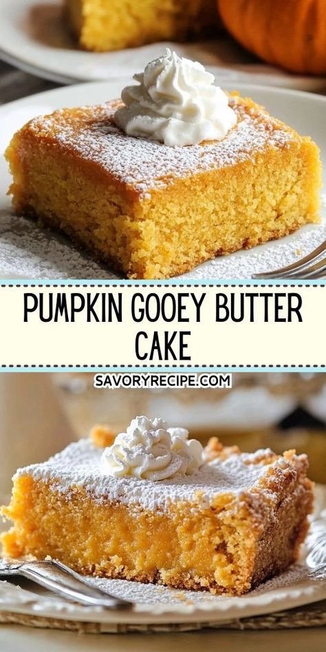 Craving a dessert that’s both cozy and indulgent? This Pumpkin Gooey Butter Cake Recipe combines rich pumpkin flavors with a creamy texture that melts in your mouth. Don’t forget to save this delightful treat for your next gathering or cozy night in! Perfect for fall dessert lovers! Gooey Pumpkin Butter Cake, Pumpkin Butter Cake, Gooey Butter Cake Recipe, Pumpkin Gooey Butter Cake, Seasonal Baking, Gooey Cake, Savory Recipe, Pumpkin Delight, Gooey Butter Cake