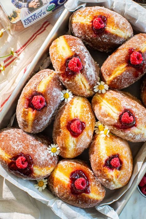 Brioche Doughnuts, Brioche Donuts, Homemade Brioche, Donut Flavors, Organic Eggs, Doughnut Recipe, Raspberry Jam, Donut Recipes, Bread Flour