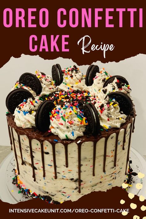 Oreo Confetti Cake, Funfetti Oreo Cake and Funfetti Oreo frosting with sprinkles and a chocolate ganache drip Funfetti Cake Ideas, Confetti Cake Recipe, Birthday Cake Oreo, Funfetti Oreo, Funfetti Cake Recipe, Confetti Cake Recipes, Cake Recipe Homemade, Funfetti Birthday Cake, Chocolate Ganache Drip