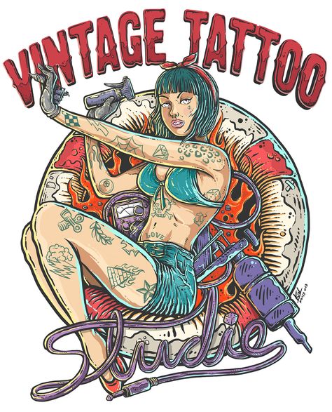 Logo Vintage Tattoo Studio, Recife - PE on Behance Vintage Tattoo Poster, Rockabilly Art Vintage, Tattoo Studio Poster, Poster Tattoo, Behance Logo, Tattoo Poster, Tattoo Logo, Tattoo Vintage, Rockabilly Art