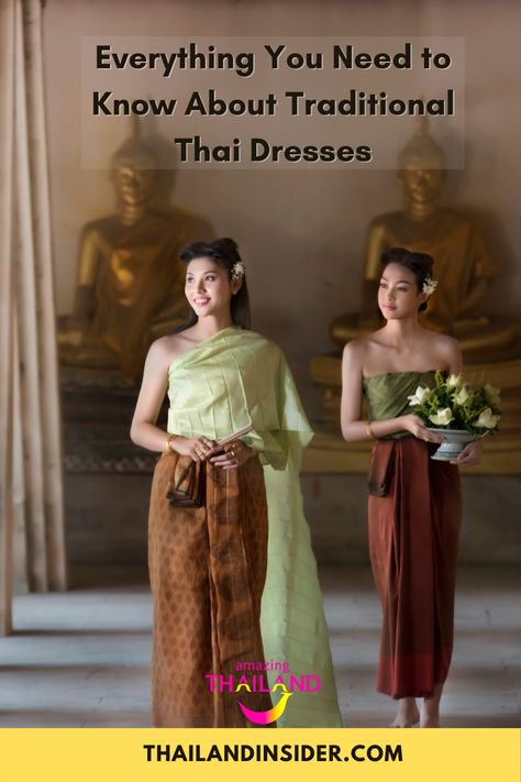 Fashion in Thailand has changed over the years, yet you will still see traditional Thai dresses at formal occasions or festival celebrations. While there is no official national dress, vibrant and culturally diverse Thai dresses are common attire worn to festivals and celebratory occasions. Men, women, and children all don this form of Thai fashion, with various dresses for different occasions. Thai Fashion, Formal Dress Code, Thai Clothes, Thai Traditional Dress, Garment Cover, Tube Skirt, Thai Dress, National Dress, Formal Looks