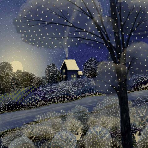 Jane Newland, Winter Cottage, Winter Illustration, Winter Art, Naive Art, Folk Art Painting, Art Portfolio, Screen Savers, Whimsical Art