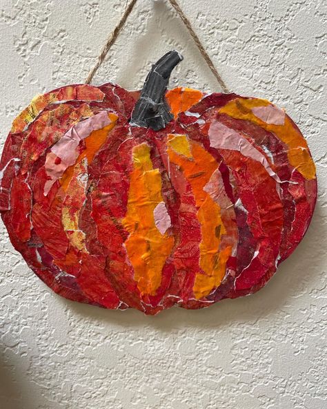 My latest creation! A painted paper collage pumpkin wall hanging! Perfect fall decor! I made it with painted collage papers that I created with a variety of paper, paint, stamps and stencils then I tear the paper into pieces and glue it onto the pumpkin! 🎃 #happyfallyall #paintedpapercollage #pumpkin Collage Pumpkin, Pumpkin Collage, Pumpkin Wall Hanging, Painted Paper Collage, Painted Collage, Pumpkin Wall, Collage Papers, Happy Fall Y'all, Collage Paper