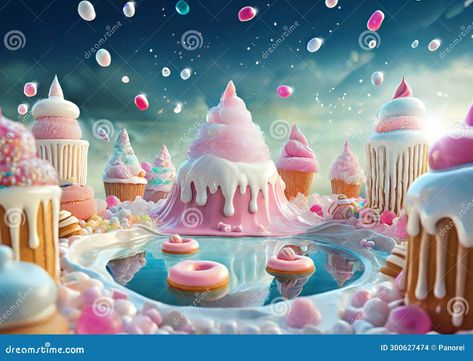 Candy World Landscape of Jelly, Ice Cream and Cupcakes. Stock Illustration - Illustration of town, candy: 300627474 Fairy Tale Landscape, Tooth Illustration, Jelly Cupcakes, Ice Cream World, Jelly Ice Cream, Clouds Illustration, Character Mood Boards, Cake World, Candy World