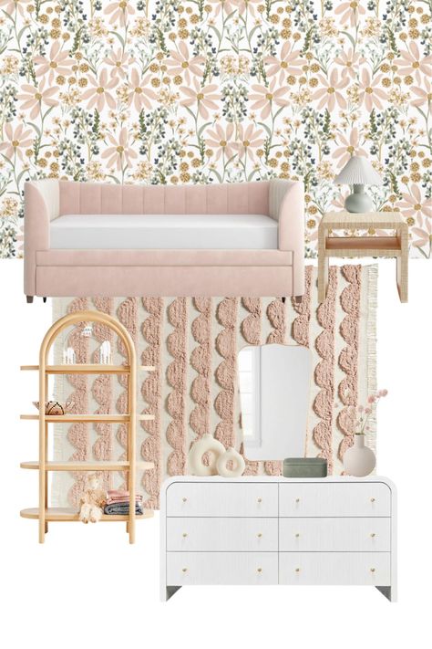 Wallpaper For Toddler Girl Room, Girly Daybed, Upholstered Daybed Room Ideas, Wallpaper In Girls Bedroom, Pink Daybed Room Ideas, Daybed Styling Ideas Bedroom, Daybed Toddler Room Girl, Girls Daybed Room Ideas, Kids Pink Bedroom