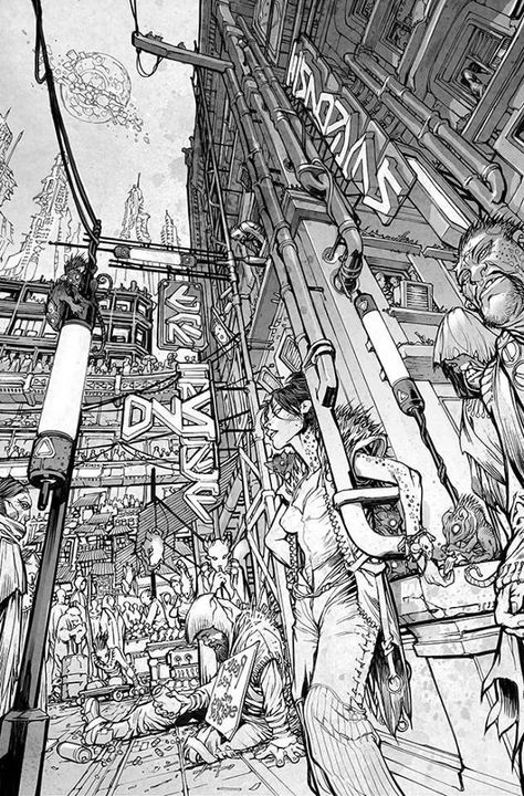 Howard Porter Environment Sketch, Comic Book Layout, Perspective Drawing Architecture, Pen Illustration, Cyberpunk City, Arte Cyberpunk, Justice League 3000, Apex Legends Octane, The Coffee House