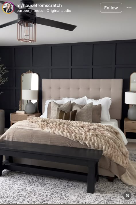 Master Bedrooms Decor With High Headboard, Black And Cream Master Bed, Grey Walls Bedroom Decor, Black Master Room, 2024 Master Bedrooms Decor, Transitional Master Bedrooms Decor, Beige Upholstered Bedroom Ideas, Primary Bedroom Accent Wall, Beige And Black Bedroom Ideas