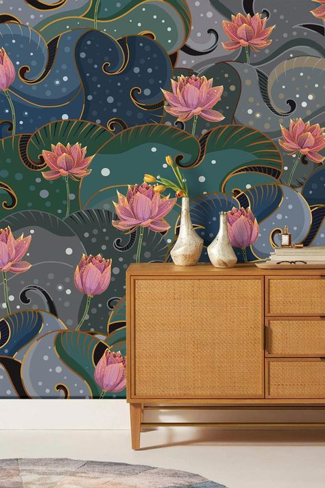 Lotus & Dewdrop Wall Mural | Floral Wallpaper | Ever Wallpaper UK Lotus Wallpaper For Walls, Lotus Wall Mural, Lotus Flower Mural, Lotus Mural Painting, Wall Murals Indian, Dewdrop Wallpaper, Indian Wall Mural, Indian Mural Wall Art, Flower Mural Bedroom