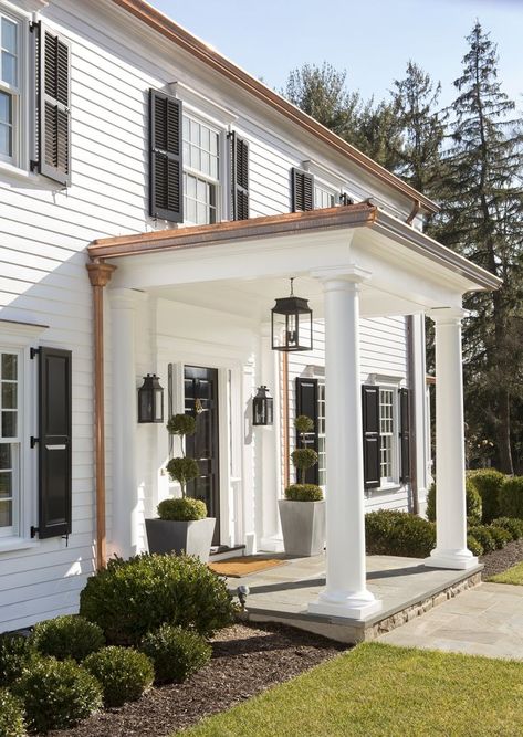 gutter portico copper detail - Google Search Covered Porch Front Of House, Copper Front Porch Roof, Front Portico Ideas Modern, Colonial House Backyard Patio, Copper Porch Roof, Front Portico Ideas, Copper Gutters White House, Colonial House Renovation, Covered Front Porch Ideas Decor