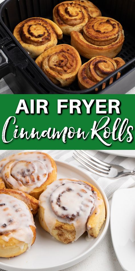 These Easy Air Fryer Cinnamon Rolls are made with Pillsbury Cinnamon Rolls and are a quick and easy breakfast made in the Air Fryer. You'll have breakfast on the table in less than 10 minutes with this easy Air Fryer recipe. Air Fryer Cinnamon Rolls, Rolls From Scratch, Easy Cinnamon Rolls Recipe, Cinnamon Rolls From Scratch, Pillsbury Cinnamon Rolls, Airfryer Recipes, Easy Air Fryer, Cinnamon Rolls Homemade, Easy Cinnamon