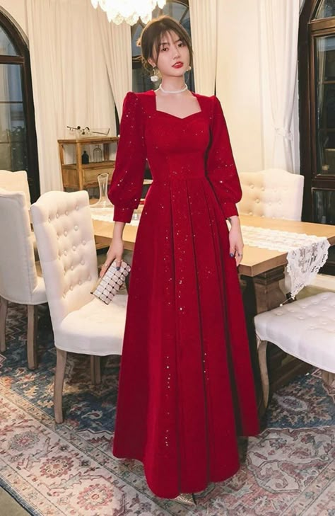 Red Evening Dress Classy Long Sleeve, Modest Maroon Prom Dress, Red Winter Dress Classy, One Piece Dress For Freshers Party, Cute Gowns Classy, Full Sleeve Dress Designs, Burgundy Elegant Dress, Classic Dress Vintage Classy, Red Bridal Dress Gowns