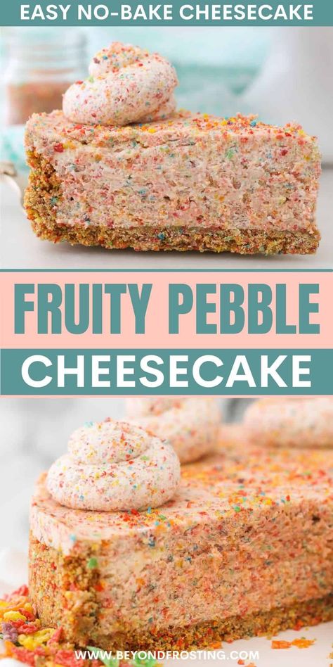 This No Bake Fruity Pebbles Cheesecake is LOADED with Fruity Pebbles! Find them in the crust, the filling, and the whipped cream topping. Fun and easy to make! Fruity Pebbles Cheesecake, Fruity Pebble Cheesecake, Whipped Cream Topping, Fruity Pebble, Fruity Pebbles, Sweet Snacks Recipes, Baked Dessert Recipes, No Bake Cheesecake, Easter Dessert