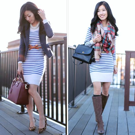 From work to weekend: striped sweater dress - Extra Petite Striped Sweater Dress Outfit, Dress With Blazer, Dress For Winter, Navy Sweater Dress, Cozy Sweater Dress, Extra Petite, Sweater Dress Outfit, Striped Sweater Dress, Column Dress