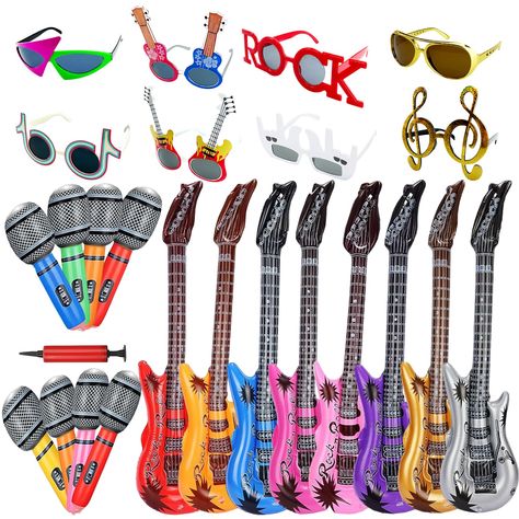 PRICES MAY VARY. Rock Star Set - You will get 8 kinds of funny sunglass: Guitar, notes, ROCK gestures, etc, and 8 inflatable rock 'n roll electric guitar, 8 inflatable plastic microphone 1 hand held air inflator (free bonus). Best choice for Rock and Roll party decorations and you will have fun with these rock and roll party supplies. Rock and Roll Funny Eyewear - There are many types of funny glasses for your choices, two shpae Rock Guitar, "ROCK" gestures, Note, king of Rock, Asymmetric Funny Rock Band Party Ideas, 80s Rock Band Party Ideas, Rock And Roll Theme Party Decorations, Rock And Roll Halloween Party, 80s Rock Birthday Party Theme, Rock And Roll Party Games, Rock N Roll Party Favors, Rock N Roll Party Ideas, Rock N Roll Birthday Party Kids