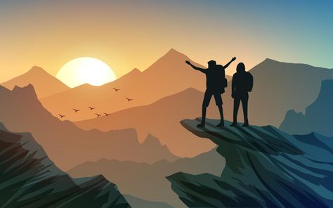 Mountain scenery on sunset with men Banner Shapes, Mountain Silhouette, Foggy Mountains, Mountain Illustration, Mountain Scenery, Forest Illustration, Skeleton Art, Night Landscape, Lake Landscape