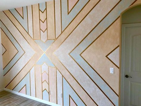 Gold Paint Accent Wall, Aztec Wall Paint, Southwestern Accent Wall, Southwest Accent Wall, Hand Painted Accent Wall, Painted Accent Wall, Addition Ideas, Accent Wall Paint, Indian Rug