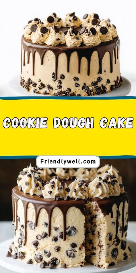 Learn How to Make a Cookie Dough Cake that will impress your family and friends! 🎉💛 This decadent dessert features layers of fluffy cake, edible cookie dough, and a luscious frosting. It’s the ultimate crowd-pleaser!✨ #BakingIdeas #CookieDoughCake #DessertGoals #PartyDesserts Chocolate Chip Cookie Dough Delight, Peanut Butter Cookie Dough Cake, Chocolate Chip Cookie Dough Ice Cream Cake, Cookie Dough Cake Filling, Cookie Dough Cake Recipe, Chocolate Chip Cookie Dough Cake, Cookie Dough Desserts, Chocolate Chip Frosting, Chocolate Chip Cookie Dough Ice Cream