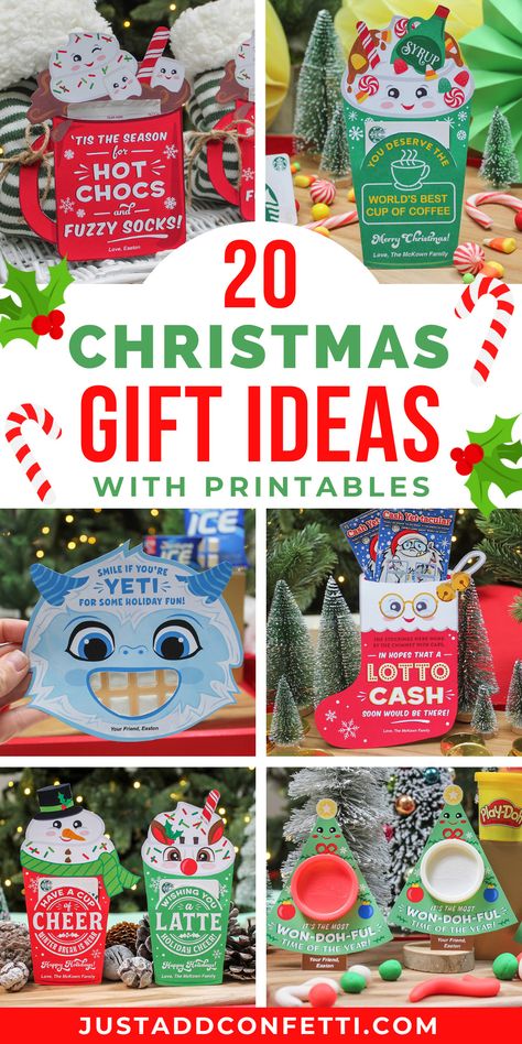 Looking for some new Christmas gift and treat ideas? I've got you covered with these 20 easy Christmas gift ideas! These Christmas ideas are perfect for school classroom handouts, teacher gift ideas, hostess gifts, or holiday gift giving. Each of these Christmas gift ideas has a creative and fun Christmas printable design! All of the Christmas printables are available in my Just Add Confetti Etsy shop. Also, head to justaddconfetti.com for more Christmas party ideas! Homemade Christmas Gifts For Coworkers, Classroom Christmas Gifts, Easy Christmas Gift Ideas, Christmas Presents For Teachers, Class Christmas Gifts, School Christmas Gifts, Girly Christmas Gifts, Teacher Holiday Gifts, Christmas Gifts For Coworkers